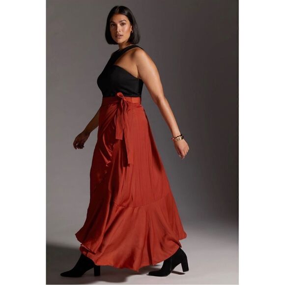 NEW Anthropologie Maeve Dark Orange Ruffled Silky Wrap Tie Maxi Skirt Plus 1X - Picture 3 of 5